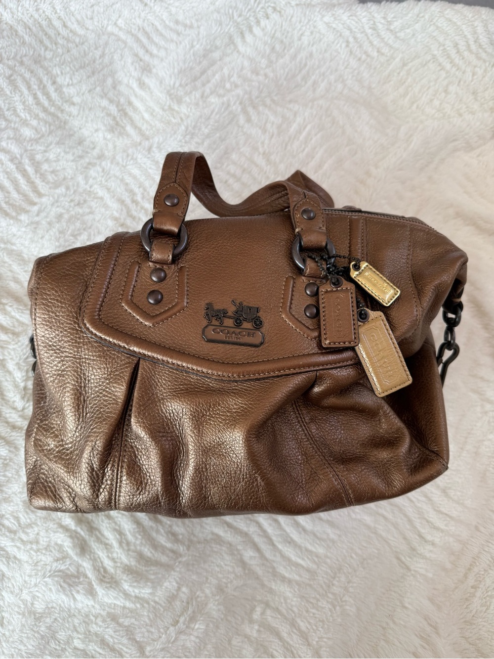 COACH Madison Sabrina Bronze Leather Satchel Handbag with Purple Lining - Picture 2 of 6